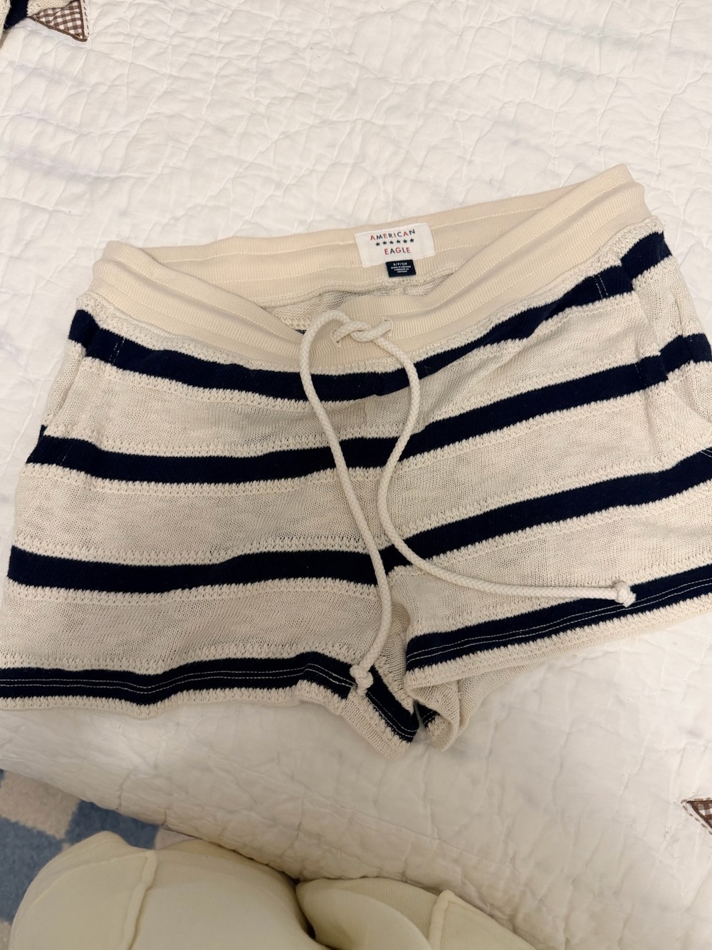 American Eagle Outfitters Cream and Navy Striped Knit Drawstring Shorts